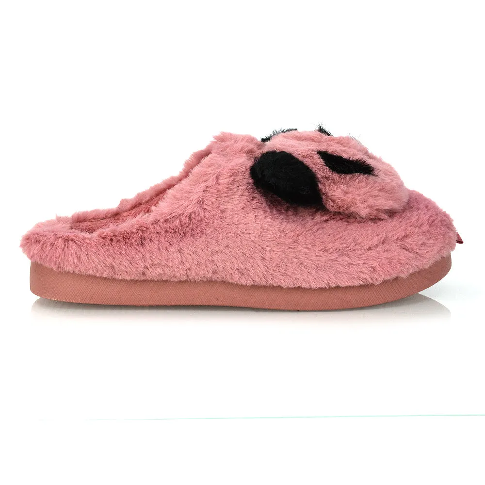 Maddie Fluffy Faux Fur Closed Toe Slip on Flat Panda Slipper Slides in Grey