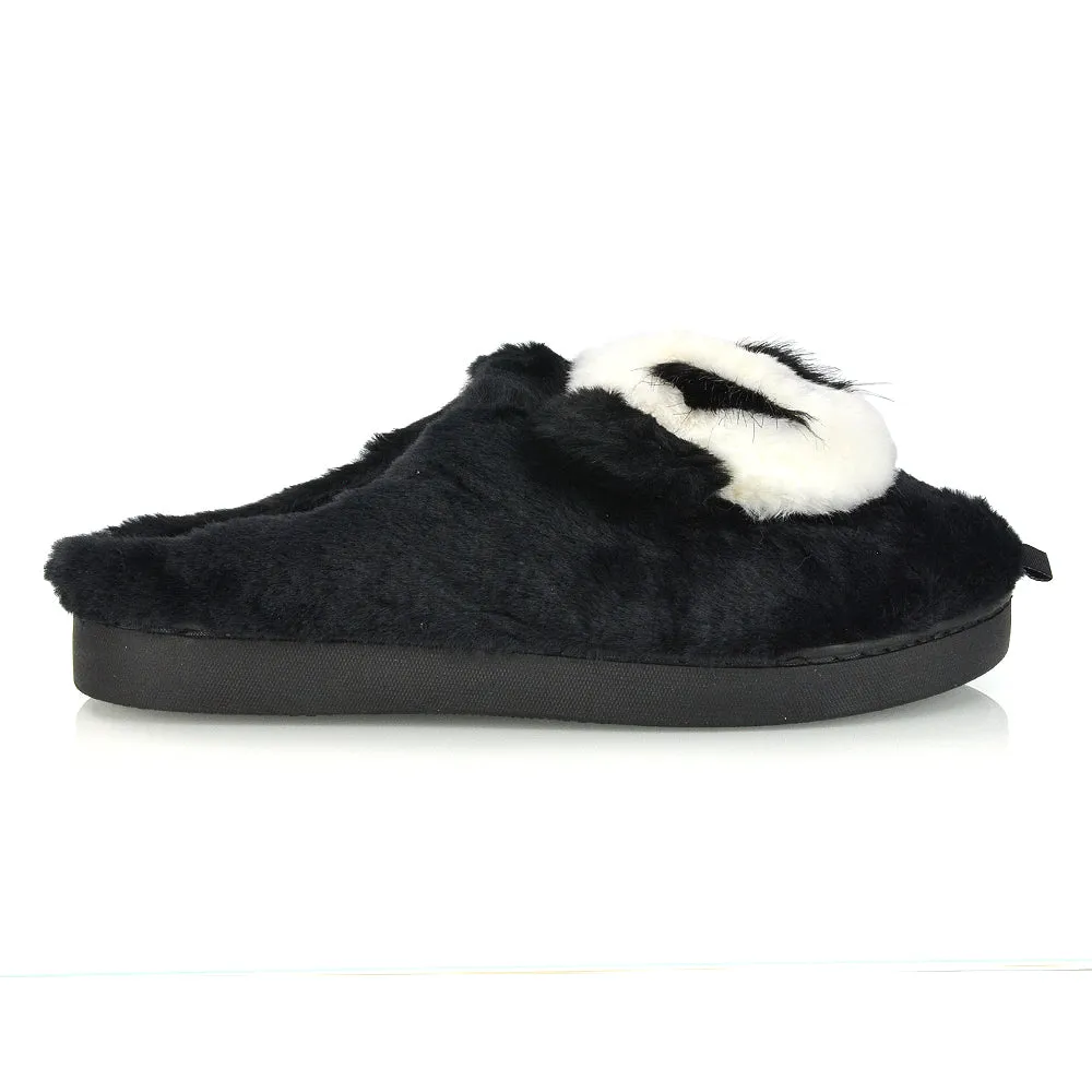 Maddie Fluffy Faux Fur Closed Toe Slip on Flat Panda Slipper Slides in Grey
