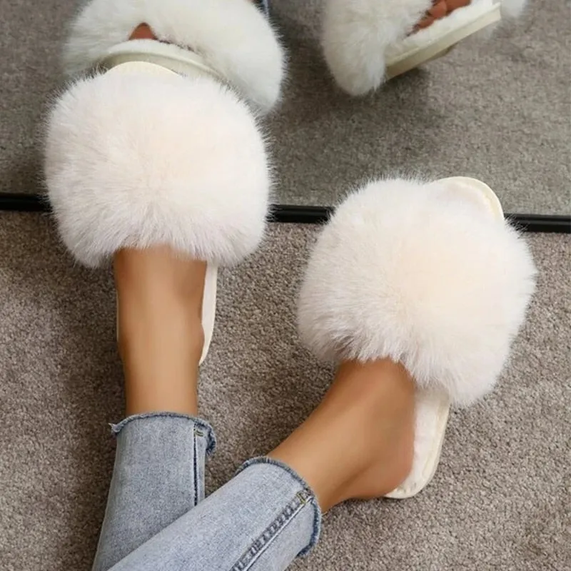 White Fluffy Women's Slippers